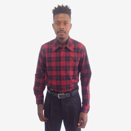 Front view of Monatic Viyella long sleeve shirt with red and black checks