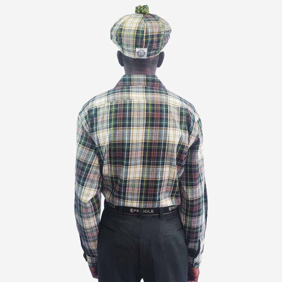 Back view of Monatic Viyella flannel check shirt in white, green, and brown, displaying regular fit