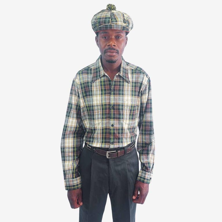 Front view of Monatic Viyella long sleeve check shirt with white, green, and brown checks