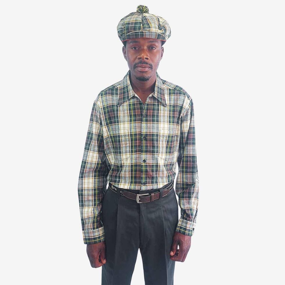 Front view of Monatic Viyella long sleeve check shirt with white, green, and brown checks