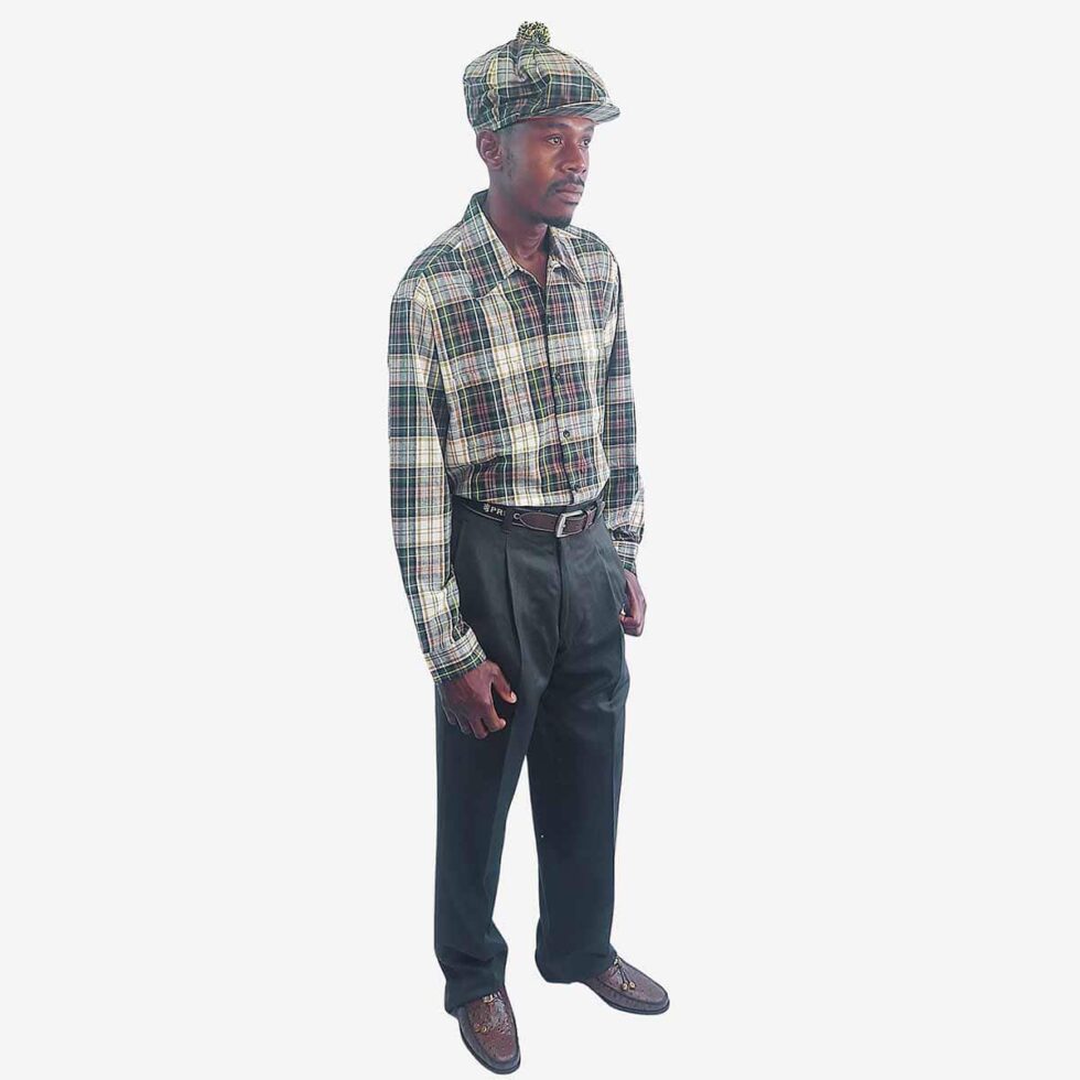 Monatic Viyella flannel check shirt in white, green, and brown, full-length front view