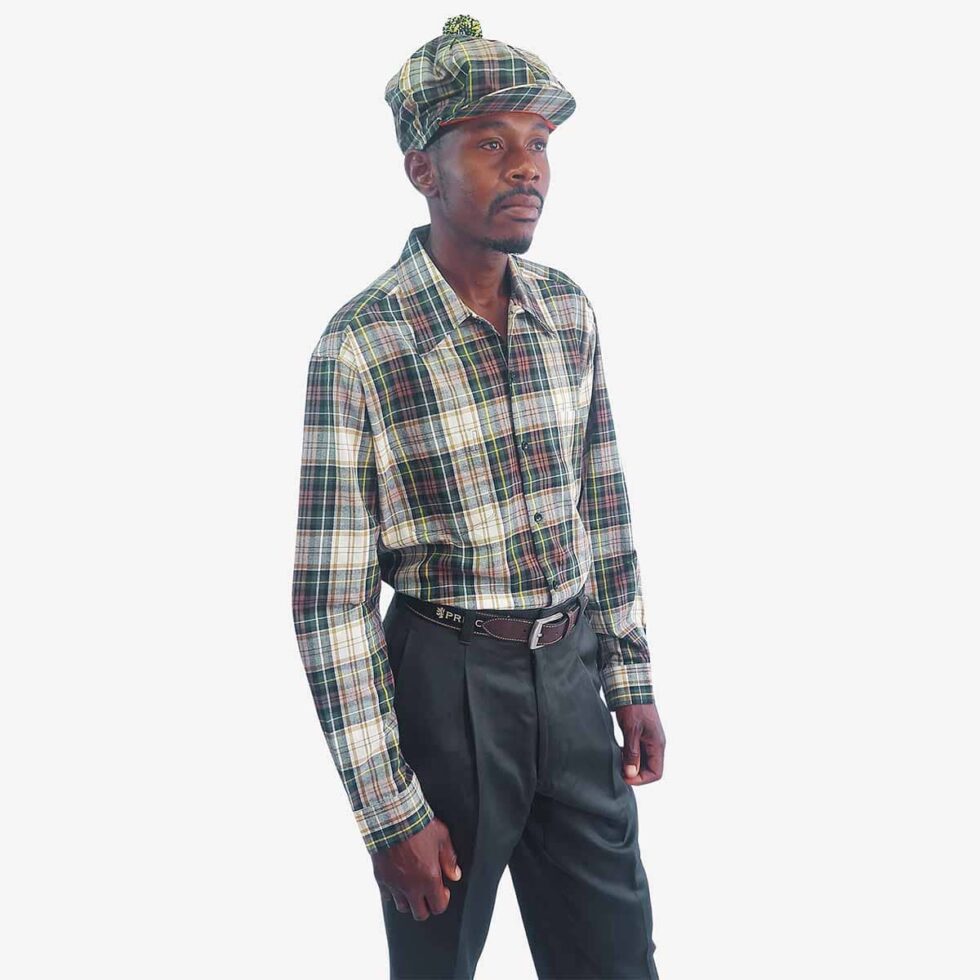 Monatic Viyella long sleeve check shirt in white, green, and brown, three-quarter angle