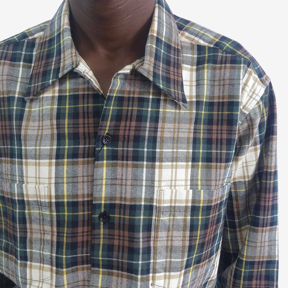 Close-up of Monatic Viyella white, green, and brown check shirt showing flannel texture and buttons