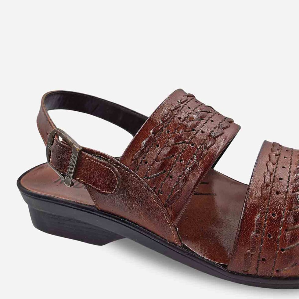 Up Close View of Rodrigo Sandals in Taupe Brown highlighting braided wave straps and muted mid-brown tones.