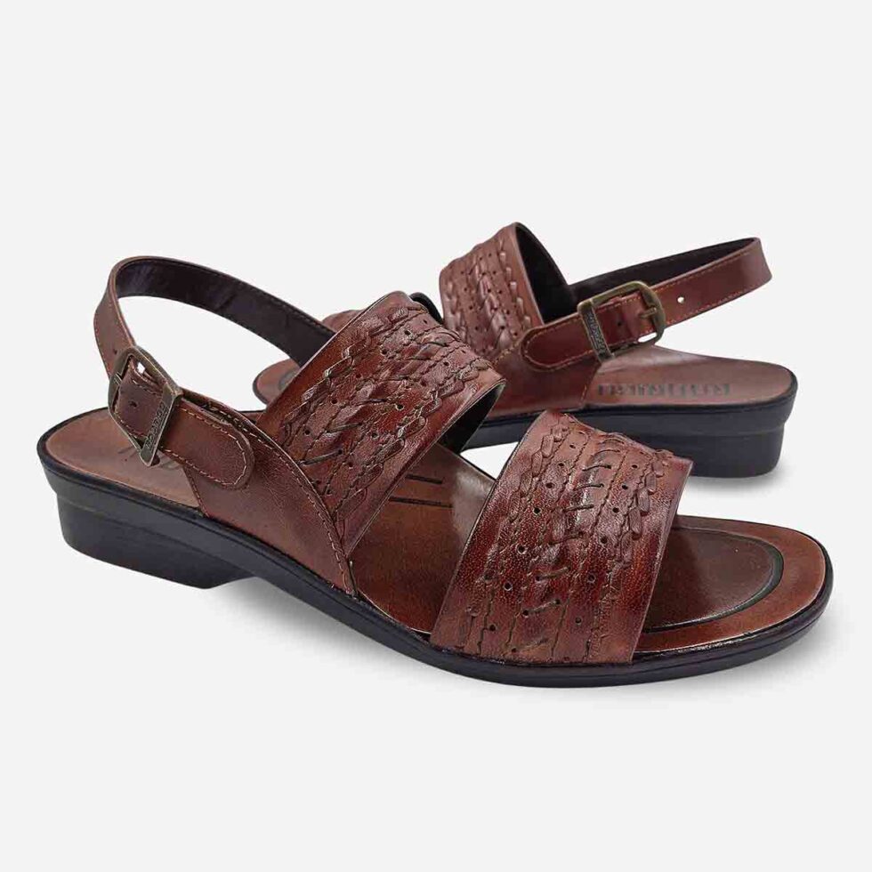 Mirrored Pair View of Rodrigo Sandals in Taupe Brown with bold braided wave straps for a refined look.