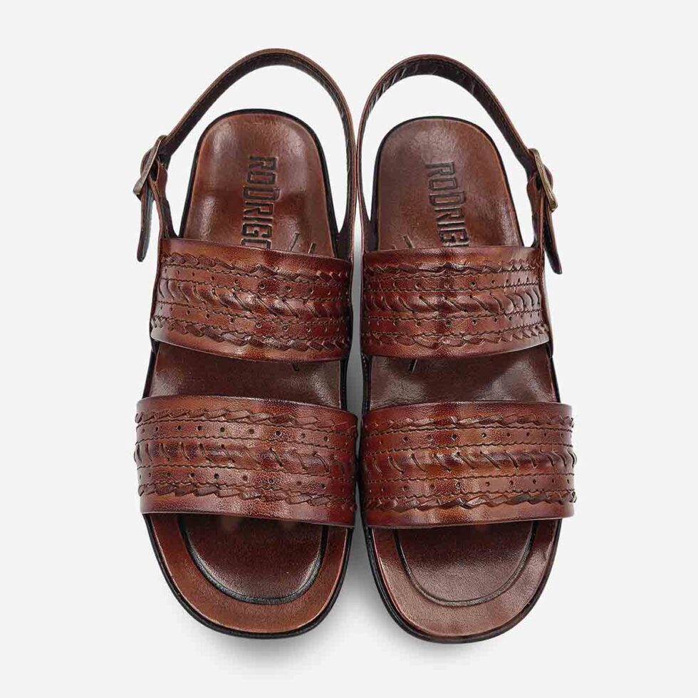 Top View of Rodrigo Sandals in Taupe Brown with two bold braided wave-style straps in mid-brown tones.