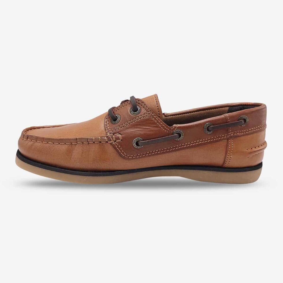 Inner side view of Newport Firstmate Santiago Shoe in Biscuit Mid Brown Colour with a Brown Sole