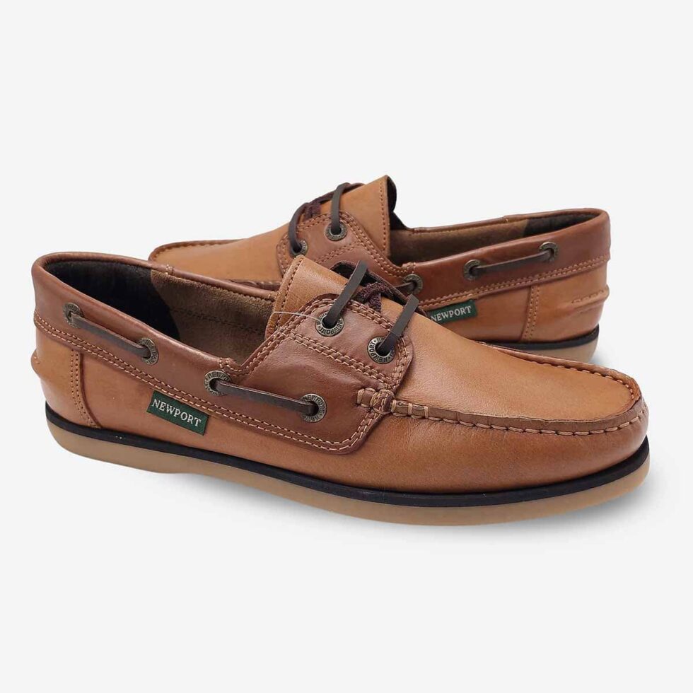 Mirrored pair view of Newport Firstmate Santiago Shoes in Biscuit Mid Brown Colour with a Brown Sole