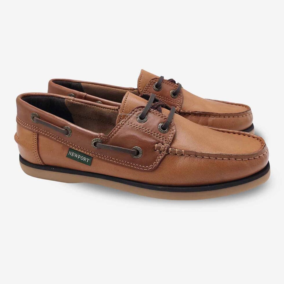 Angled pair view of Newport Firstmate Santiago Shoes in Biscuit Mid Brown Colour with a Brown Sole