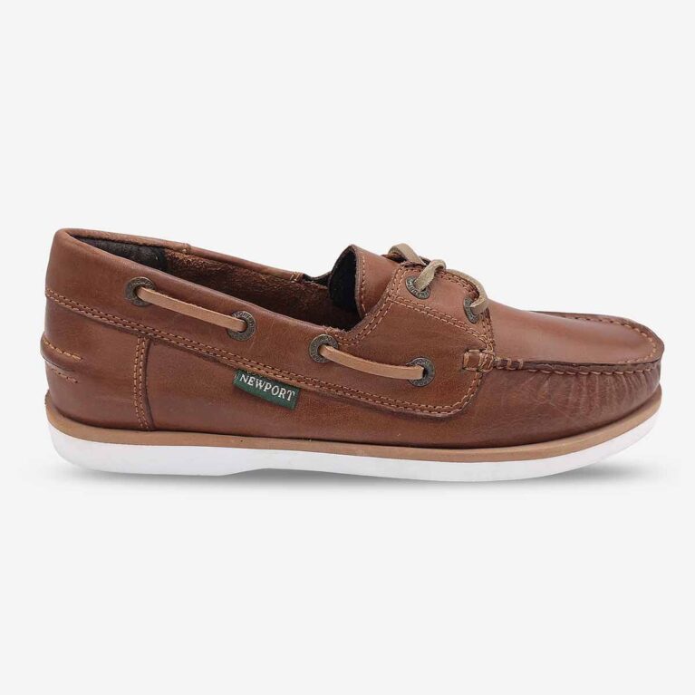 Side front view of Newport Firstmate Santiago Shoe in Mid Brown Colour with a White Sole