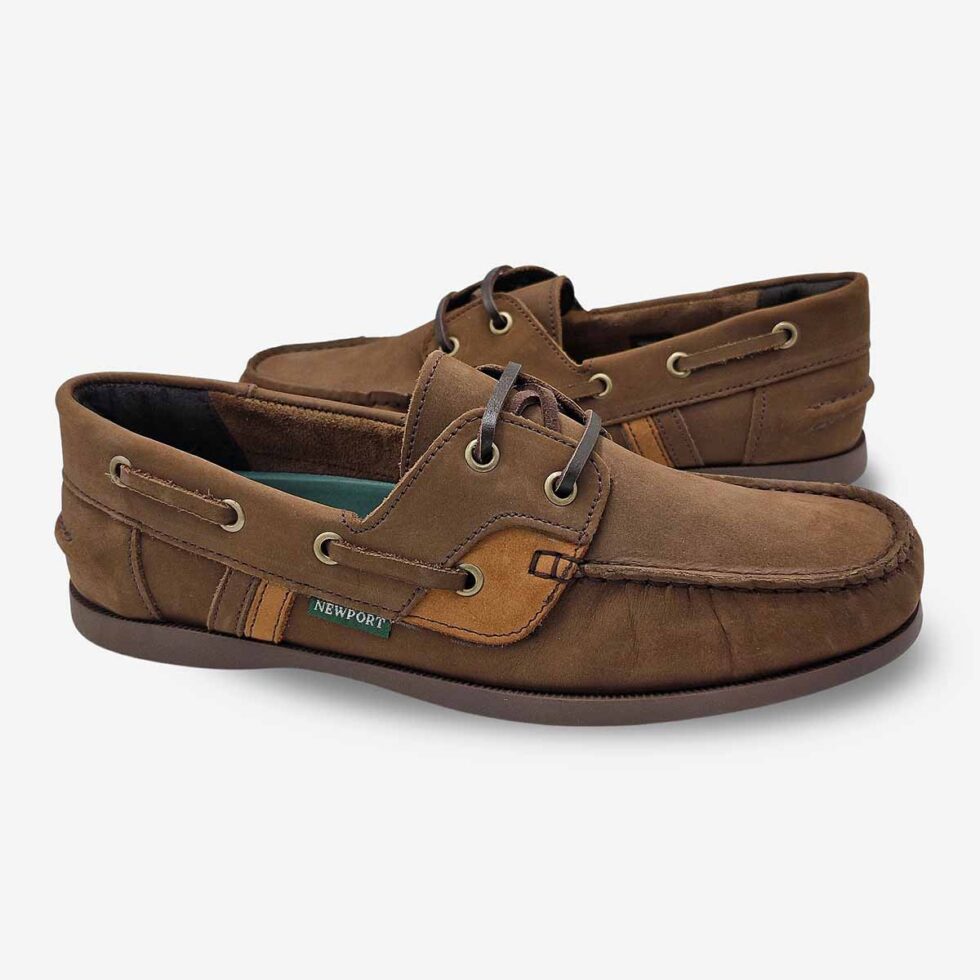Mirrored pair view of Newport Jack Buff Burn Shoes in Chocolate Dark Brown Colour