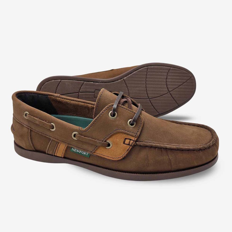 A pair of Newport Jack Buff Burn Shoes in Chocolate Dark Brown Colour, shown in an angled and sole view — one shoe angled upright, the other laid on its side to reveal the sole.