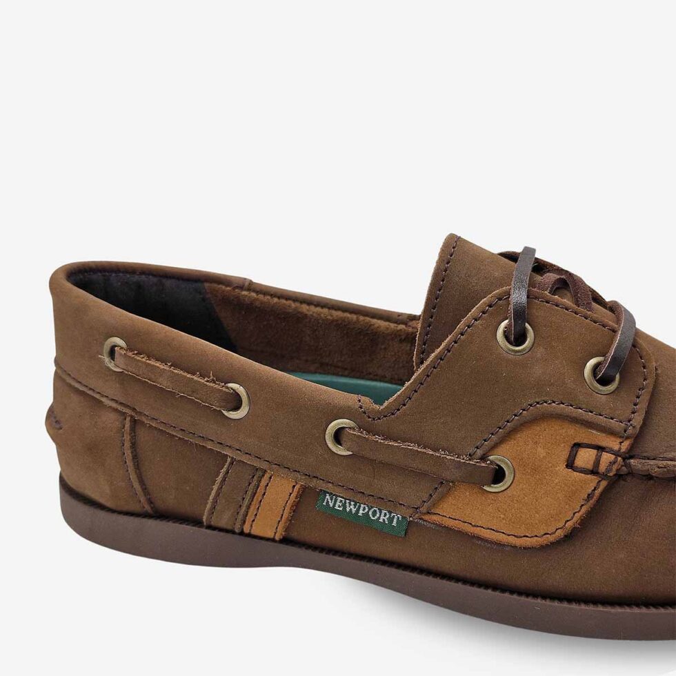 Up close view of Newport Jack Buff Burn Shoe in Chocolate Dark Brown Colour