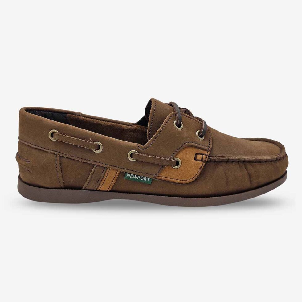 Side front view of Newport Jack Buff Burn Shoe in Chocolate Dark Brown Colour