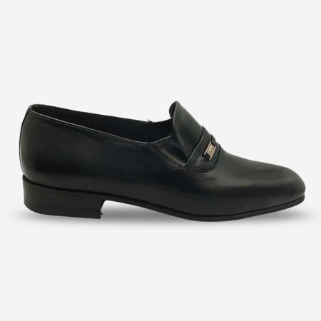 Side front angle of Barker Arthur Glace Kid black slip-on shoe with metal logo detail.