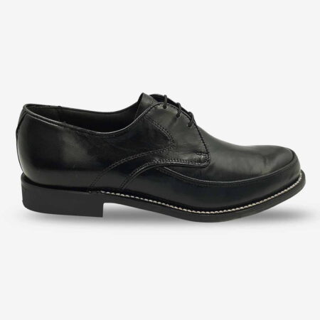 Side front view of Barker Chesne Black Glace Kid Derby in black colour showing stitched leather and lace-up profile.