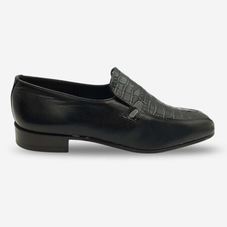 Side front angle of Barker Croco Black Glace slip-on in black colour with croc print and metal bit.