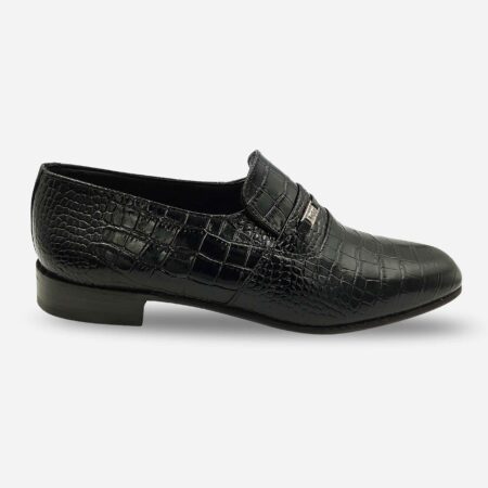 Side front angle of Barker Croco black leather loafer with croc print and metal bit.