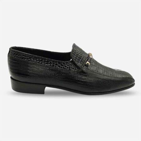 Side front angle of Barker Croco Lizard black bit loafer showing mixed croc and lizard print.