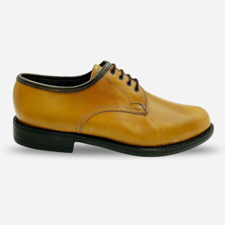 Side front view of Barker Derby Glace Kid Light Tan Shoes in light tan showing smooth leather uppers and stitch detailing.