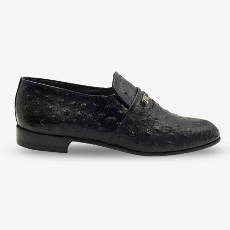 Side front angle of Barker Emu black ostrich print shoe with metal bit detail.