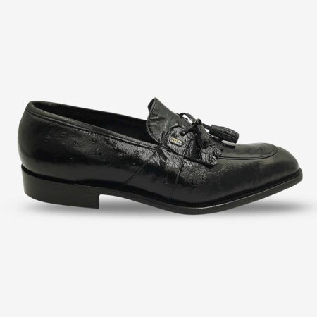 Side front view of Barker Emu Black Tassel Loafer in black colour showing leather uppers and tassel.