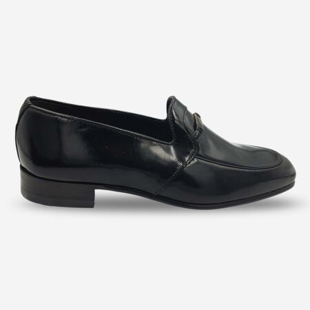 Side front angle of Barker Gemini black shoe with metal bit detail.