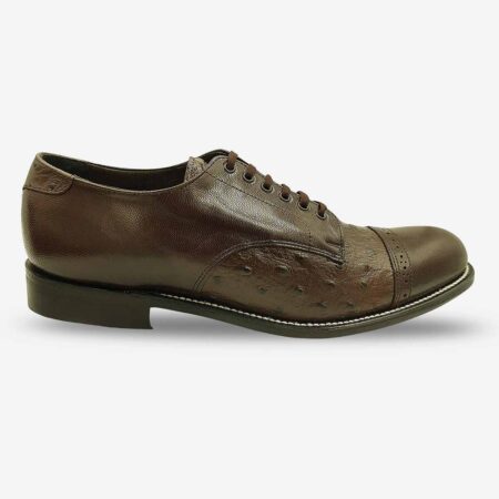 Side front view of Barker Gibson Emu Brown Toe Cap Shoes in brown showing structured toe cap and emu print detailing.