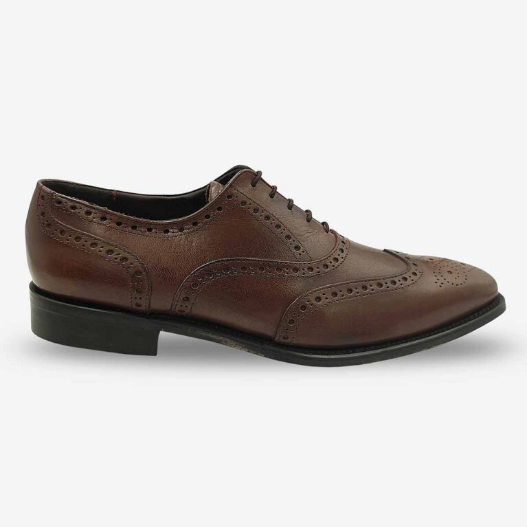 Side front view of Barker Oxford Wingtip Brogue Shoes in teak brown showing wingtip design and stitched detailing.