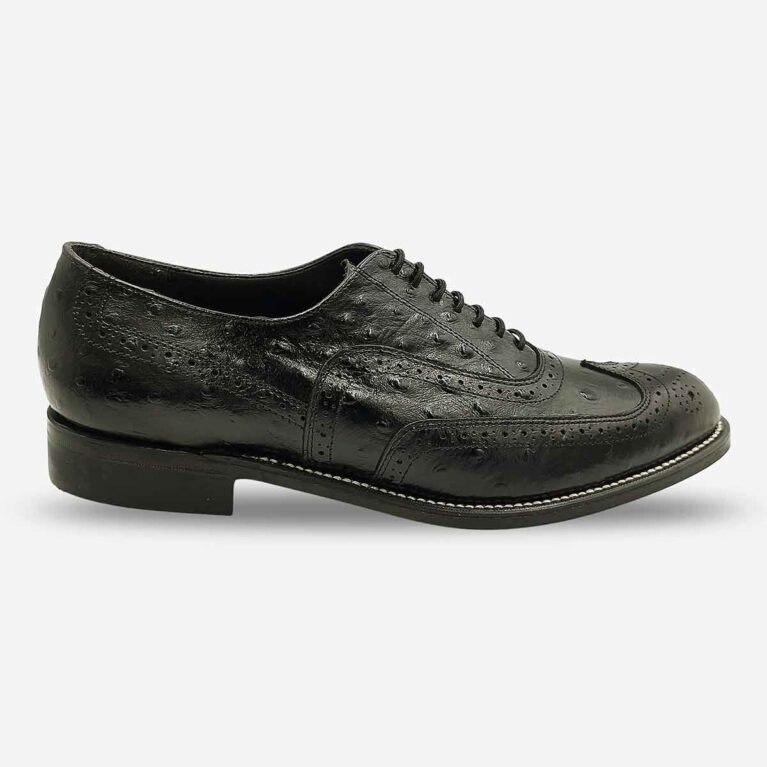 Side front view of Barker Oxford Wingtip Brogue Emu Black Shoes in black showing emu leather texture and brogue perforations.
