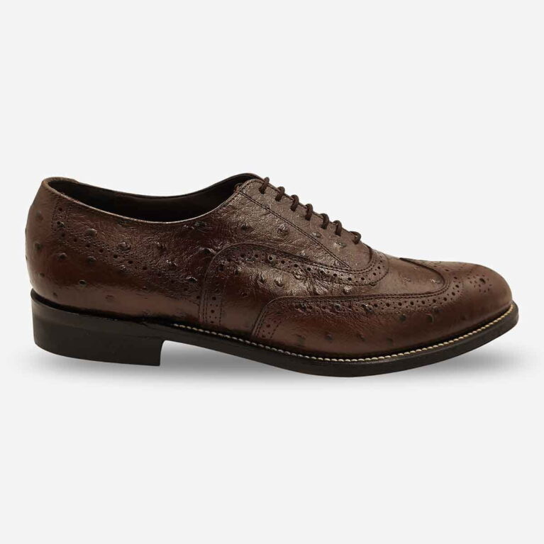 Side front view of Barker Oxford Wingtip Brogue Emu Brown Shoes in dark brown showing emu leather texture and wingtip brogue panels.