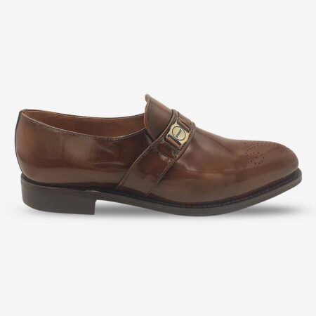 Side profile of Bishop Dark Brown Loafers with bit detail and toe medallion.