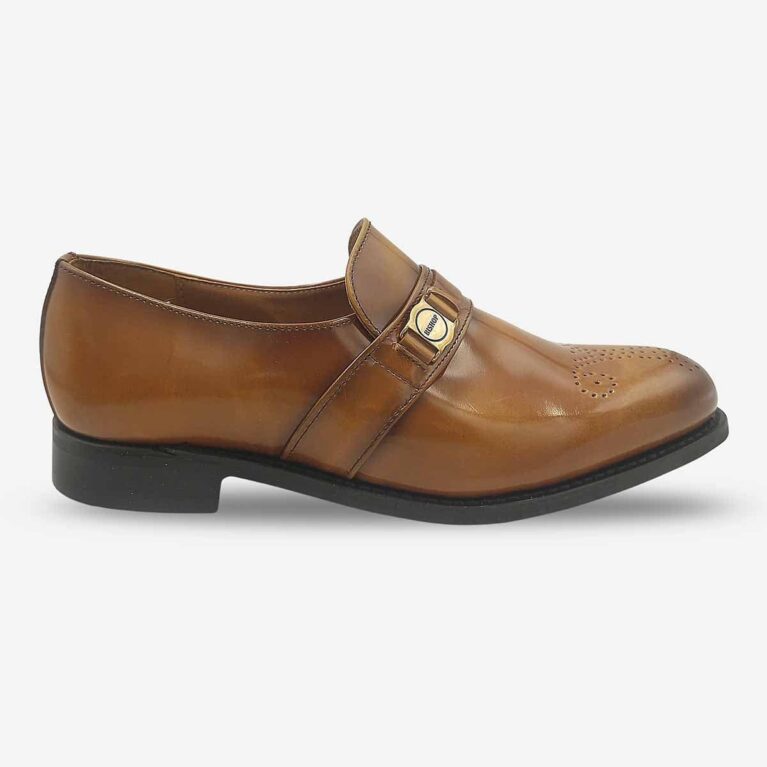 Side profile of Bishop Tan Brown Loafers with bit and toe medallion detail.