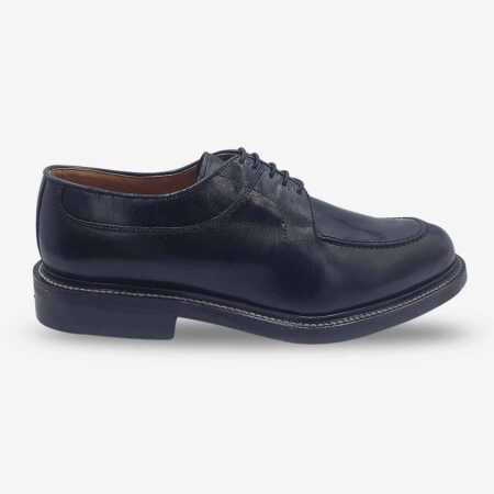 Side front view of Bishop Derby shoes in smooth black leather.