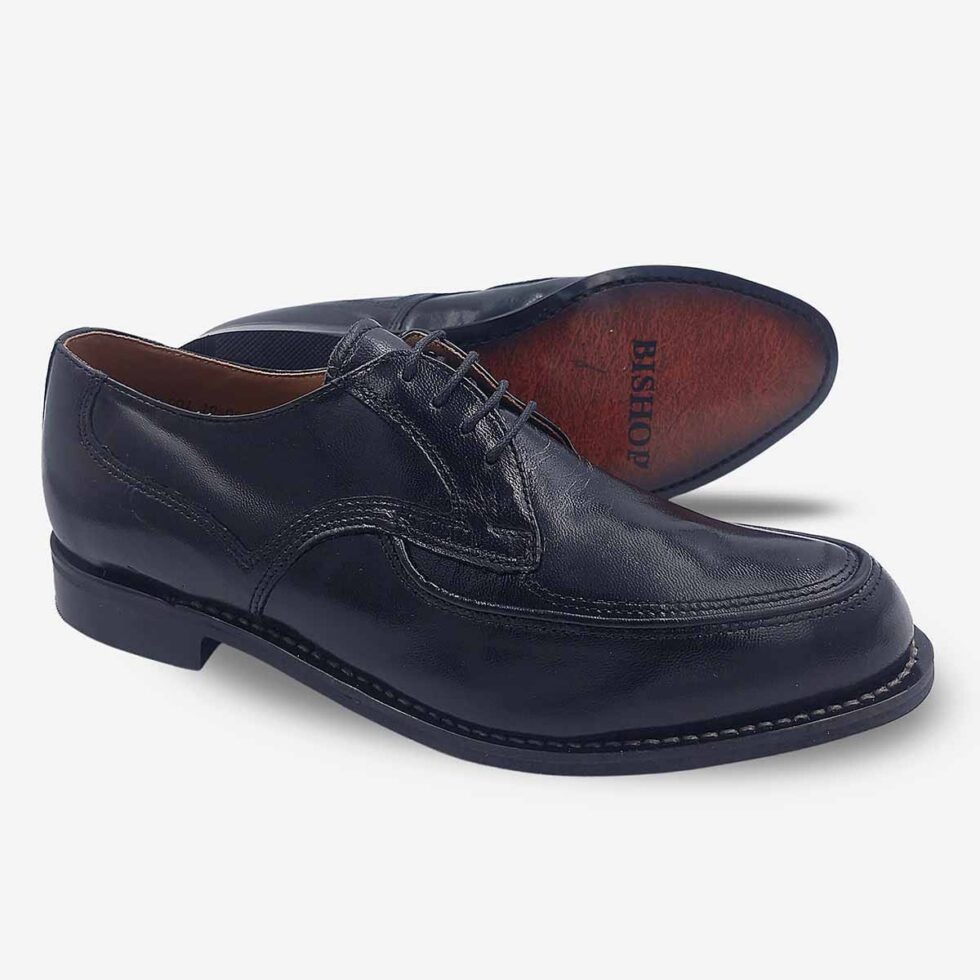 Angled pair with sole view of Bishop Derby black textured leather shoes.