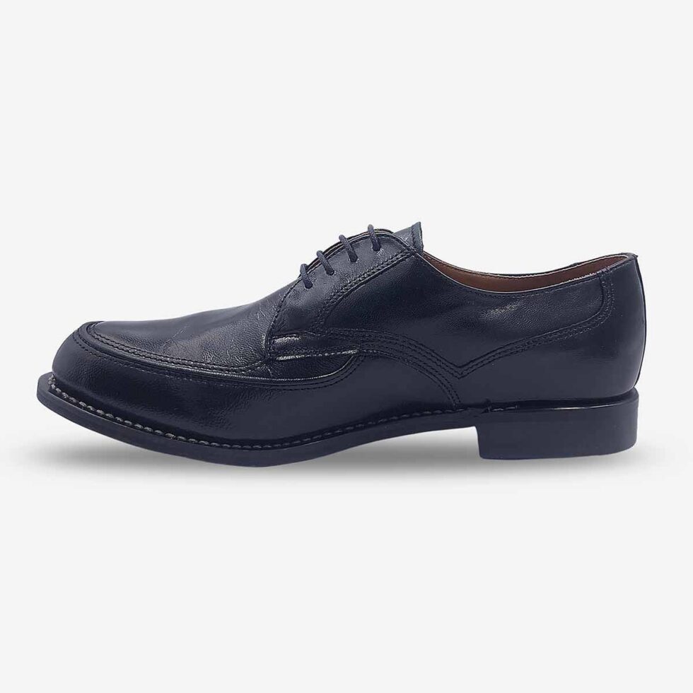 Inner side view of Bishop Derby black textured leather shoes.