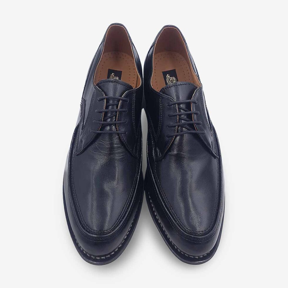 Top view of Bishop black textured leather Derby shoes.