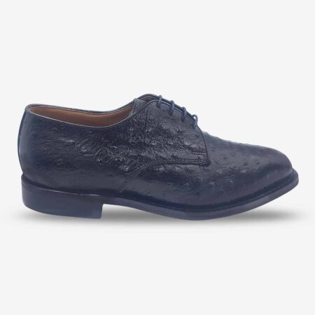 Side profile of Bishop Derby Shoes in black calf leather with ostrich print texture.