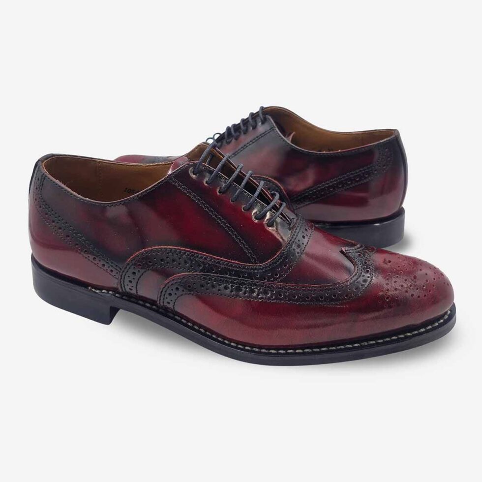 Mirrored pair of Bishop Burgundy Maroon Oxford Shoes with wingtip brogue and medallion toe.