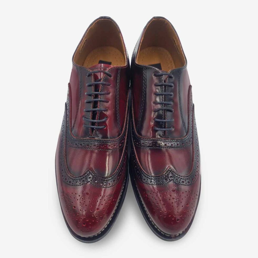 Top view of Bishop Burgundy Maroon Oxford Shoes highlighting wingtip brogue and medallion toe.