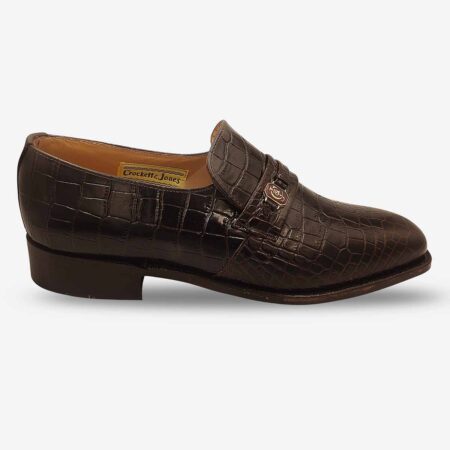 Crockett & Jones Croco Brown slip-on loafers side-front perspective