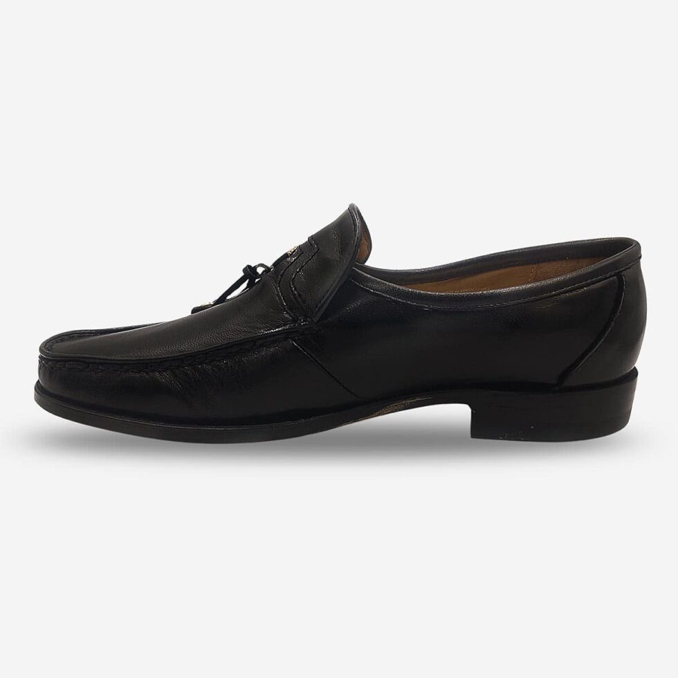 Crockett & Jones Glace Kid Black tassel loafers inner side profile showing smooth leather