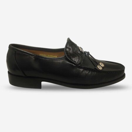 Crockett & Jones Glace Kid Black tassel loafers side-front perspective
