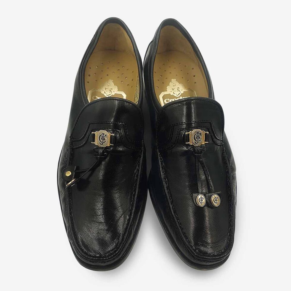 Top view of Crockett & Jones Glace Kid Black tassel loafers