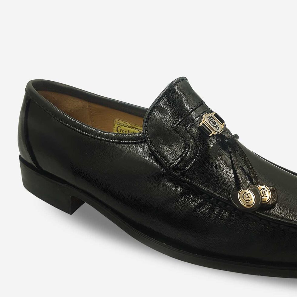 Crockett & Jones Glace Kid Black tassel loafers front vamp with tassel detailing