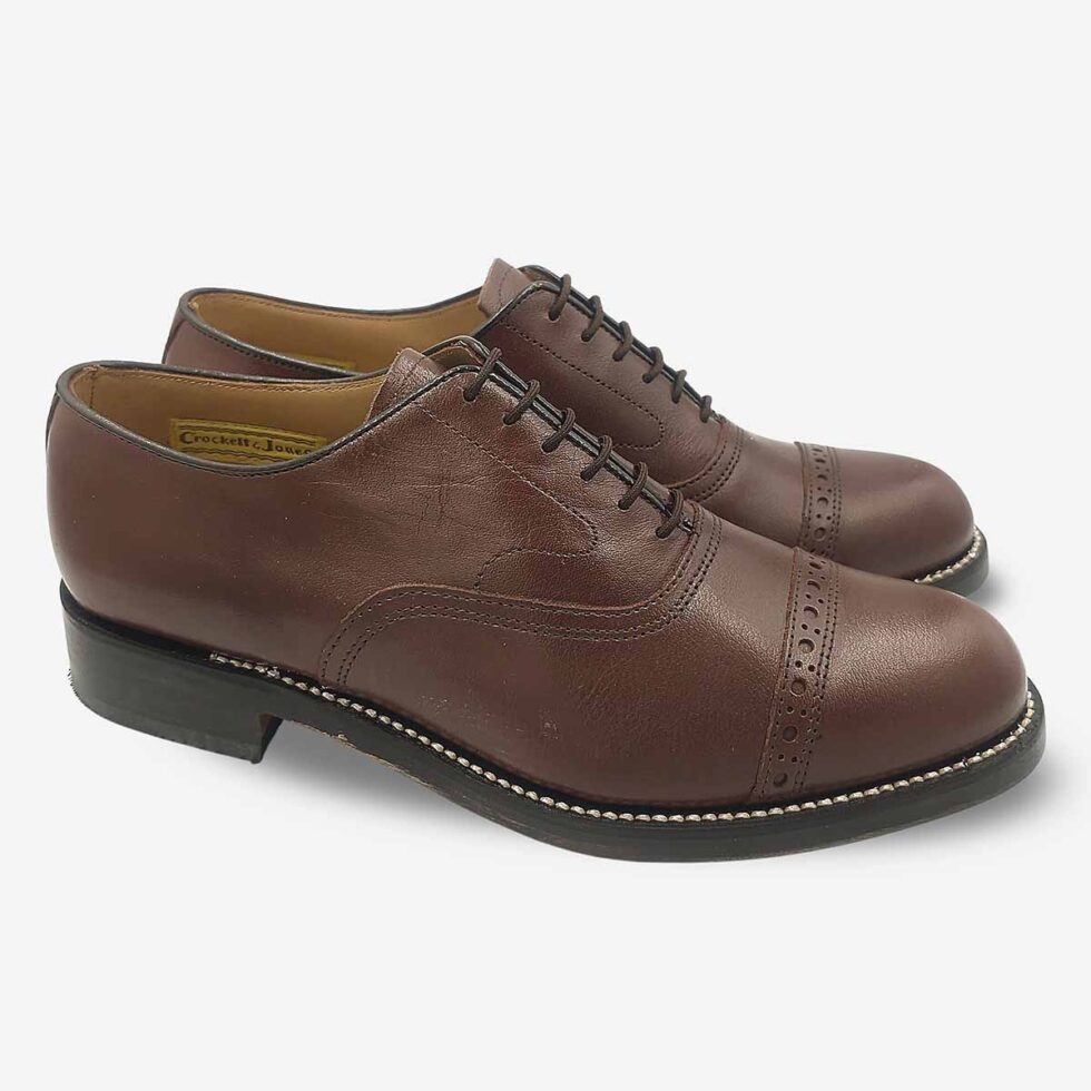 Pair of Crockett & Jones Oxford Top Cap Teak Brown Shoes angled side view