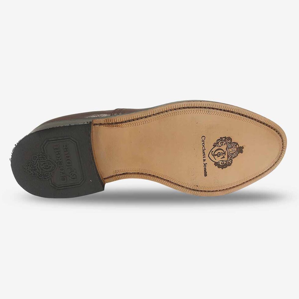 Sole of Crockett & Jones Oxford Top Cap Teak Brown Shoes with leather sole and Goodyear welt