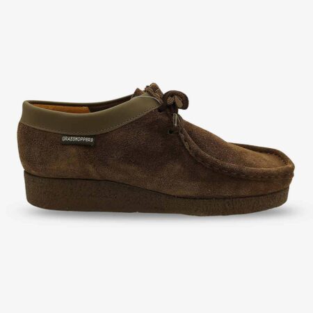 Grasshopper Denver Dark Brown Suede shoe side front with branding visible