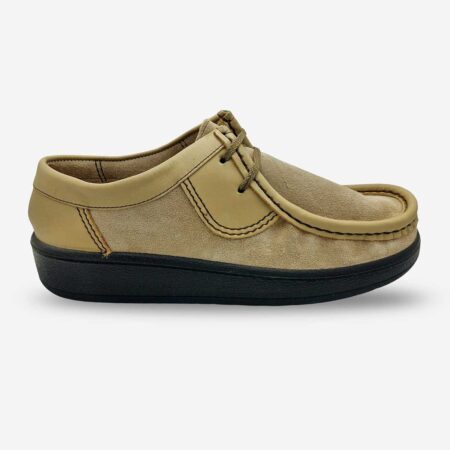Grasshopper Hornsby tobacco beige suede and leather shoe side front angle with stitch details