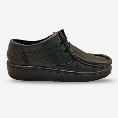 Grasshopper Hornsby black tornado leather shoe side front angle with lace-up closure and textured panels
